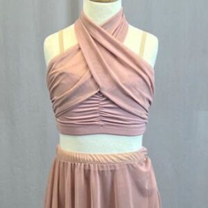 Dusty Rose Two Piece Halter Top with Long Mesh Skirt
